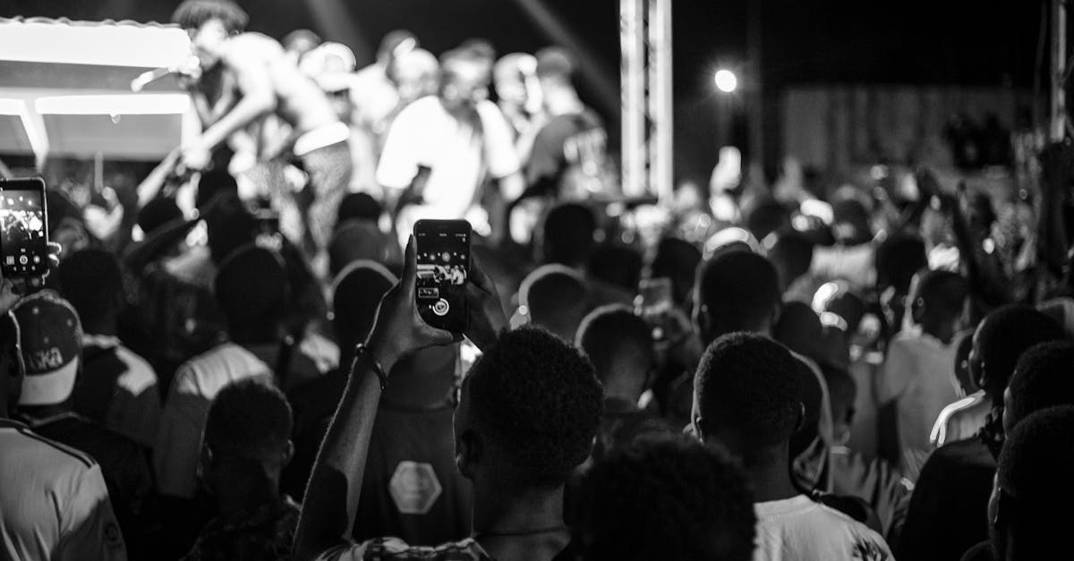 Vibrant live concert with crowd and performers captured in monochrome tone.