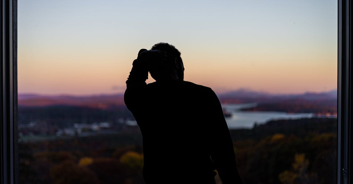 A silhouette of a person at a window, gazing at a scenic lake and mountain landscape during sunset.