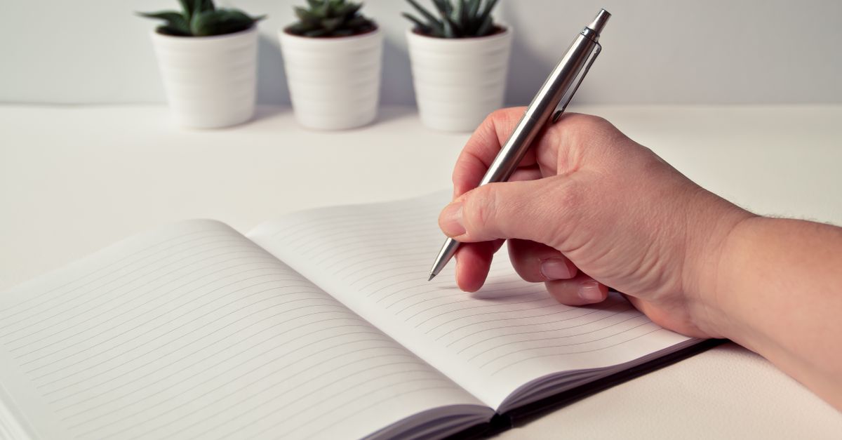 Handwriting in a lined notebook placed on a table with succulent plants in the background.