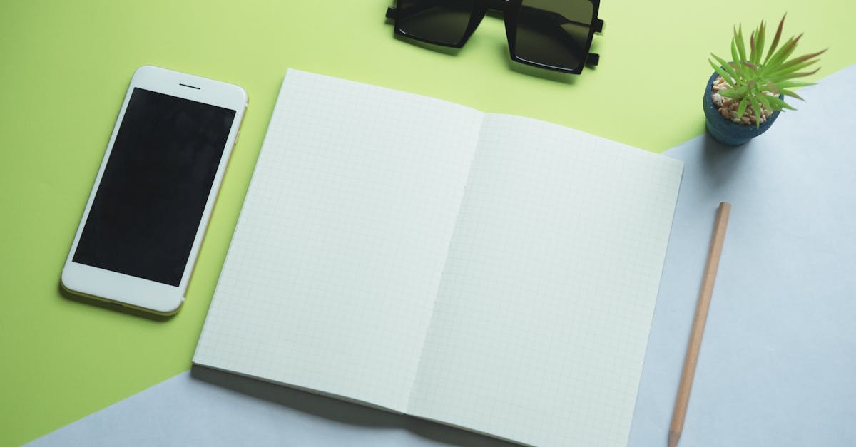 Flat lay of modern office essentials including smartphone, notepad, sunglasses, and plant.